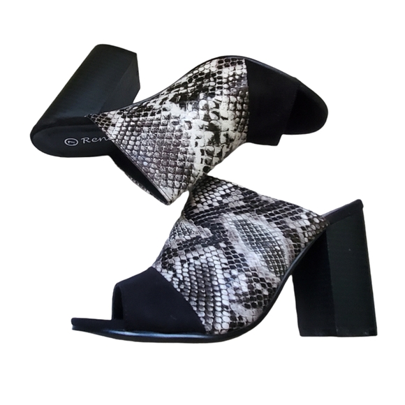 Reneeze Black, Gray and White Snake lookopen toe heels. Black Suede like trim. - Picture 1 of 7